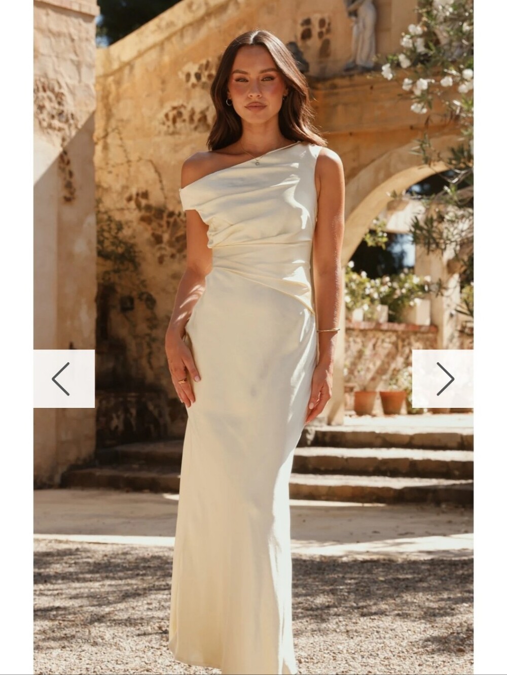 Asymmetrical One-Shoulder Yellow Satin Gown - Picture 2 of 10